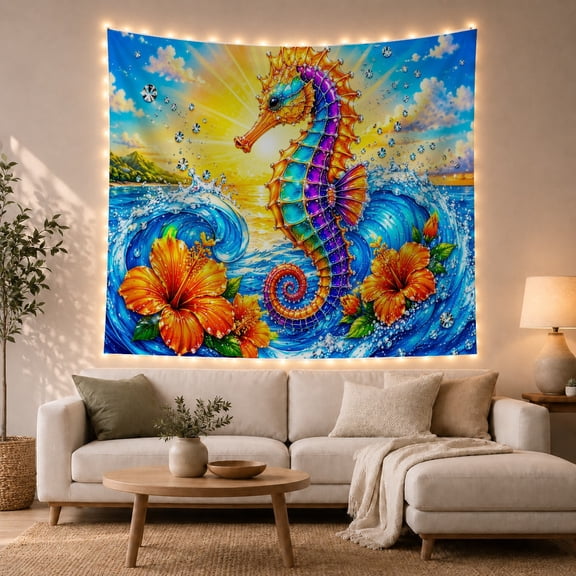 Rainbow Seahorse in Ocean Waves with Hibiscus Flowers, Dreamy Coastal Fantasy Art for Ocean Lovers, Sea Life Wall Decor, Housewarming Gift Tapestry Wall Hanging for Living Room and Bedroom