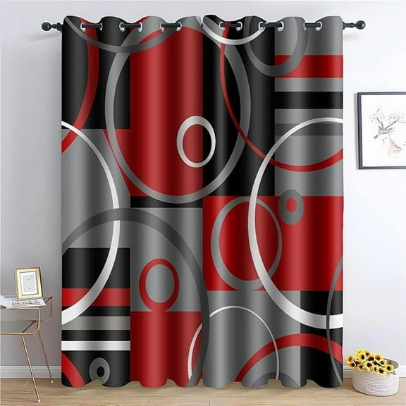 Red Black Geometric Line Curtain Grey Plaid Modern Abstract Retro Blackout Window Treatment Drape For Bedroom Living Room 26"W x 45"L (Pack of 2)