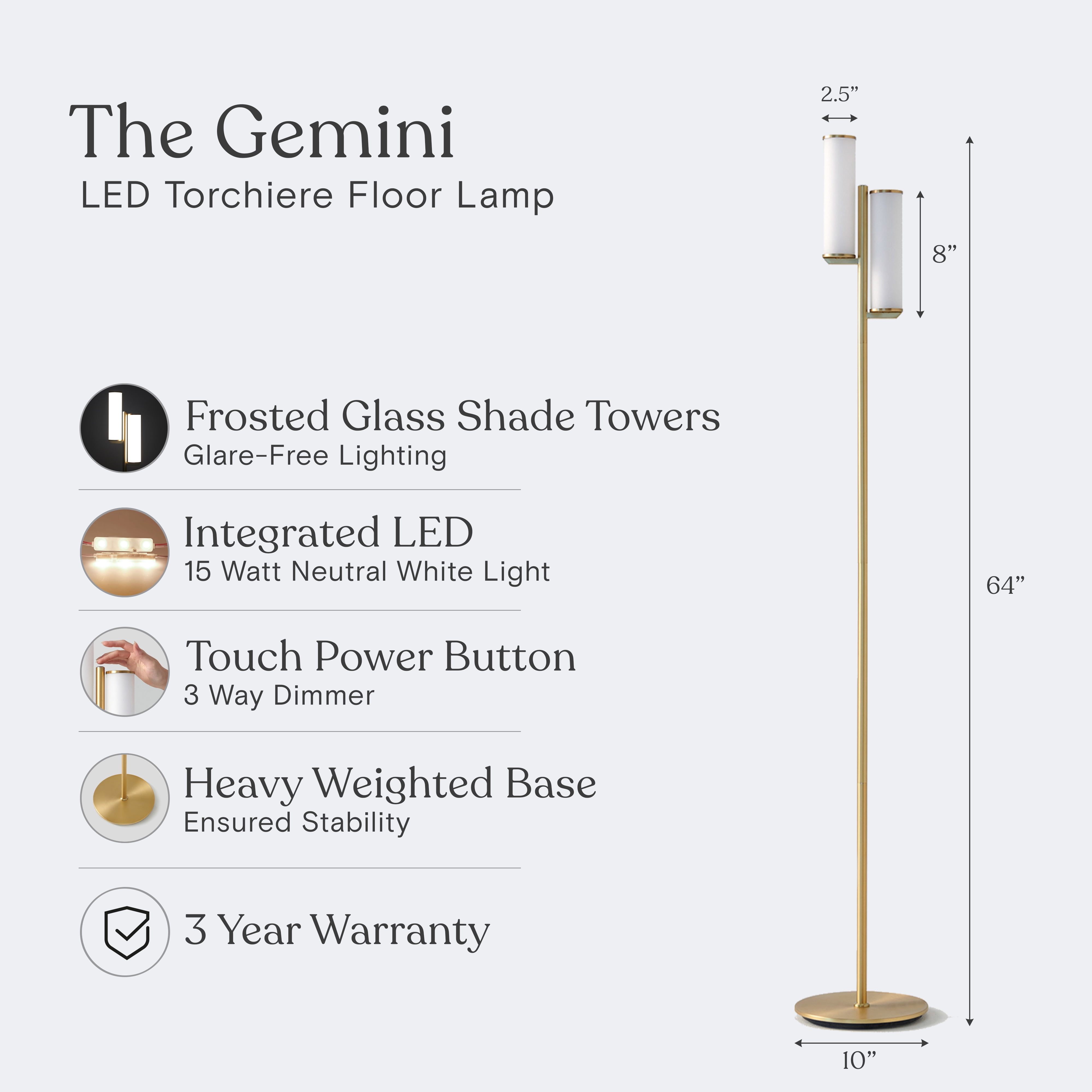Brightech Gemini Mid Century Modern LED Floor Lamp with 3-Way Dimmer - Brass