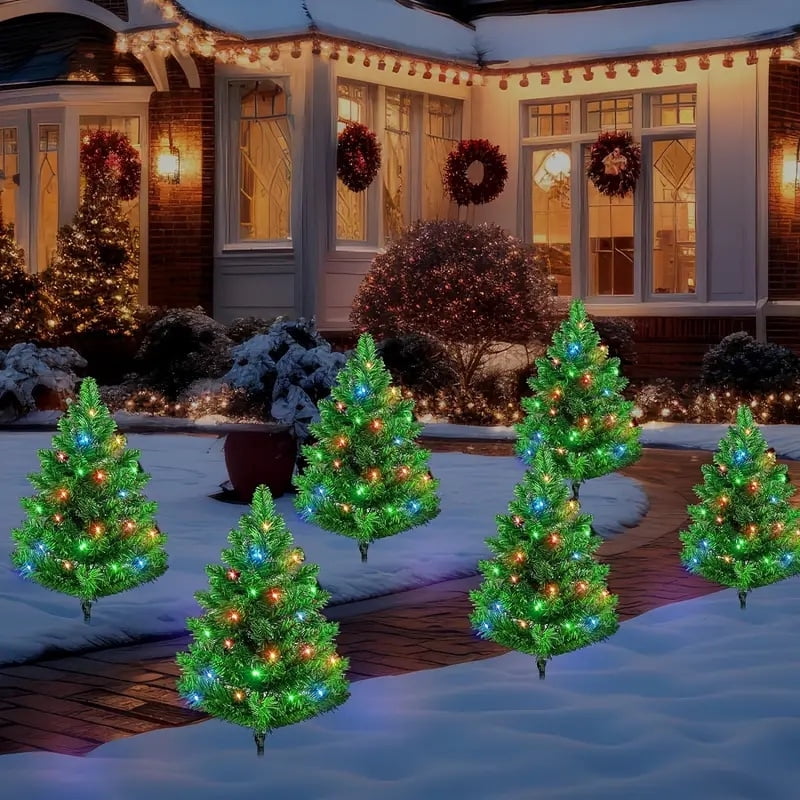 2-Pack Solar-Powered LED Artificial Christmas Trees, 120 LED Color Changing Mini Outdoor Holiday Decorations, Plastic Freestanding Festive Decor with Automatic Aaytime Charging for Pathway, Porch