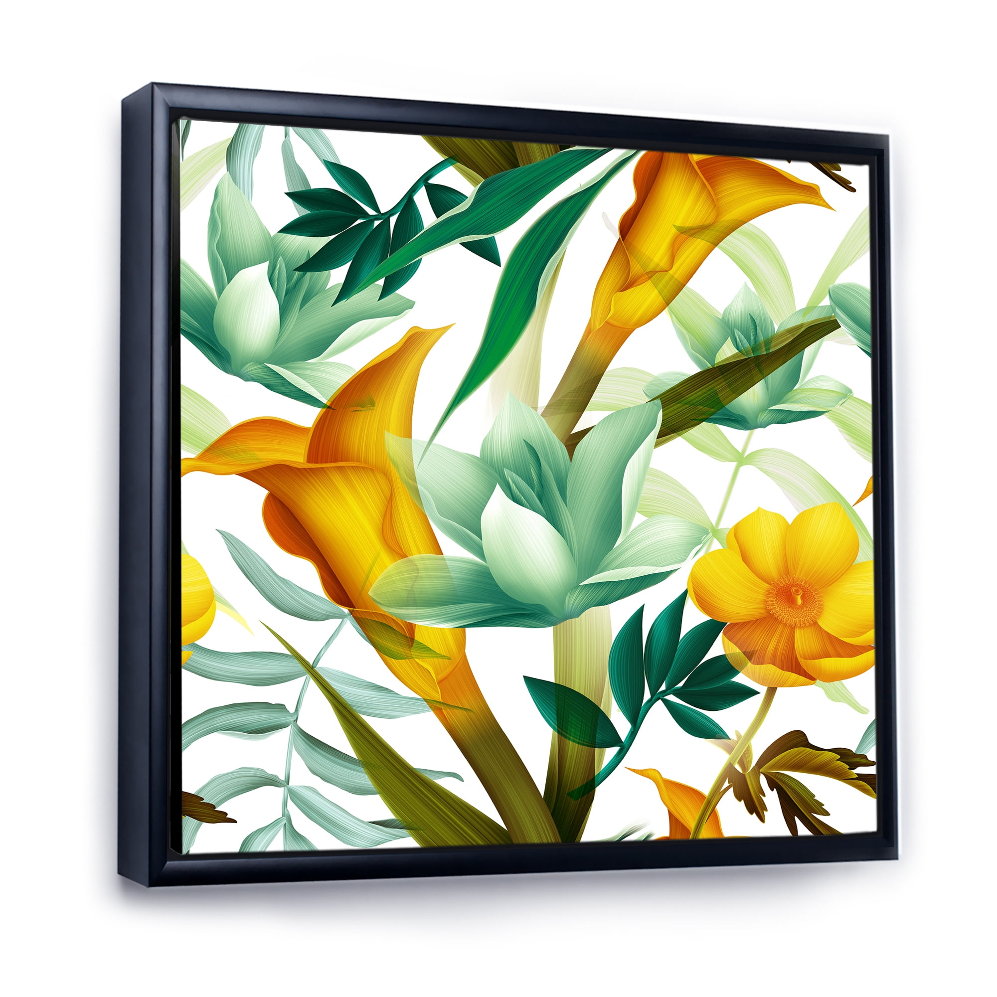 Yellow Flowers and Tropical Foliage III 30 in x 30 in Framed Painting Canvas Art Print, by Designart