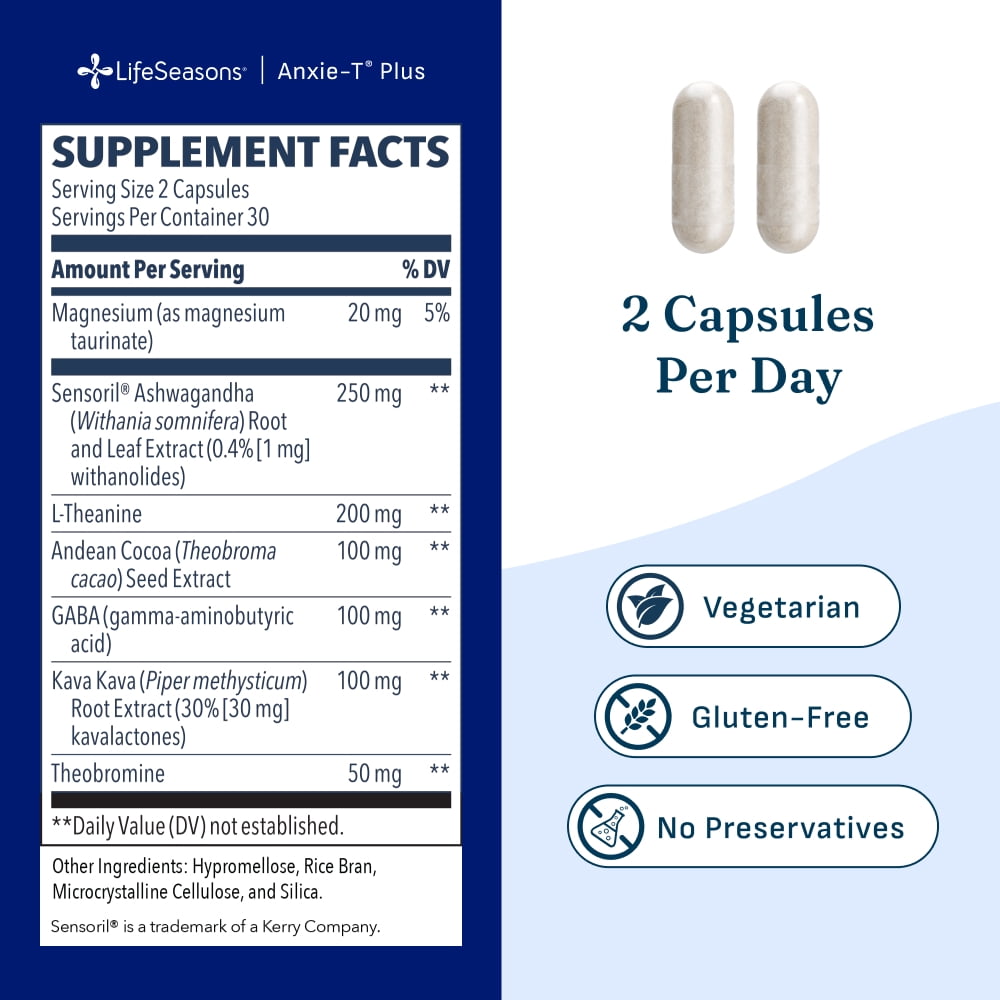 Anxie-T Plus - Extra Strength Stress Relief Supplement - Supports Mood & Mental Focus - Feel Calm and Relaxed - Eases Tension & Nervousness - Ashwagandha, Kava Kava, GABA & L-Theanine - 60 Capsules
