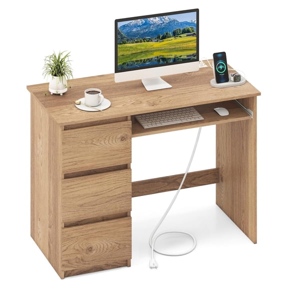 42 Small Computer Desk with 3 Drawers & Charging Station, Natural