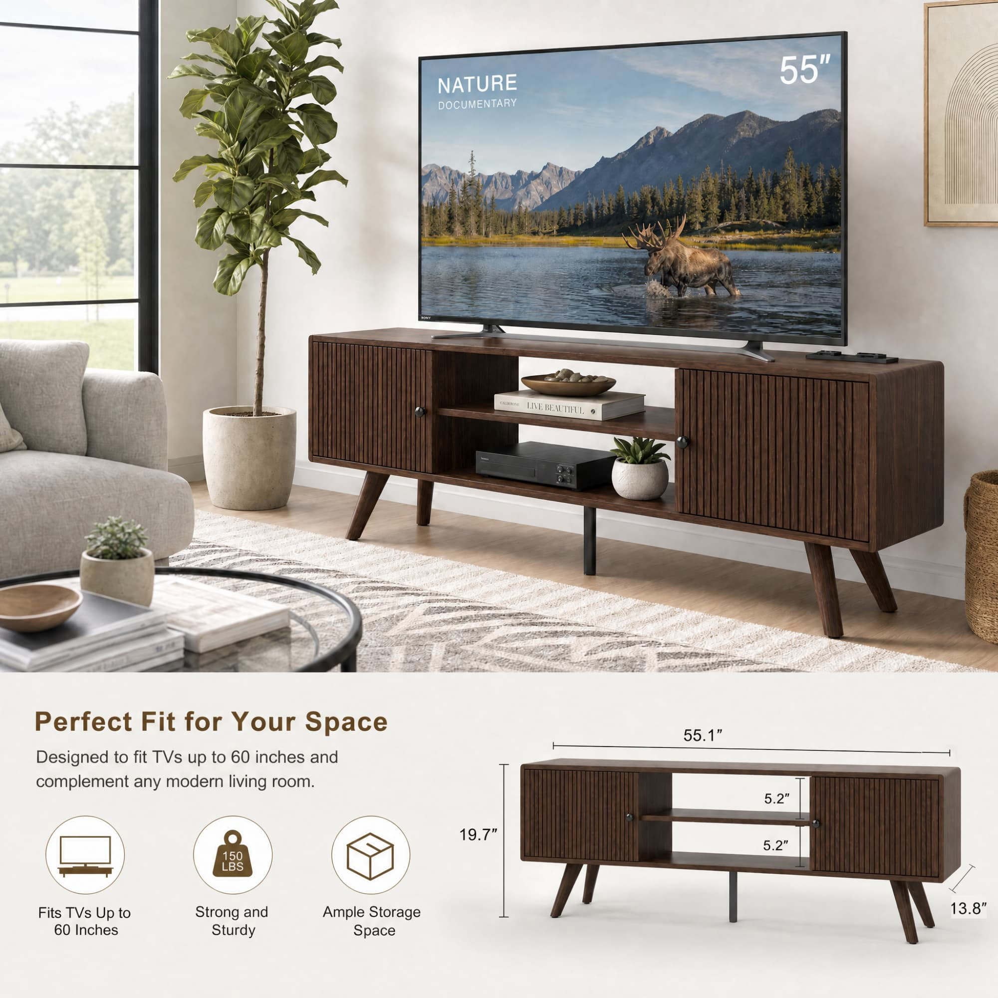 Manxile Mid Century Modern TV Console for Living Room Bedroom, Wood Entertainment Center with Storage and Shelves, Walnut