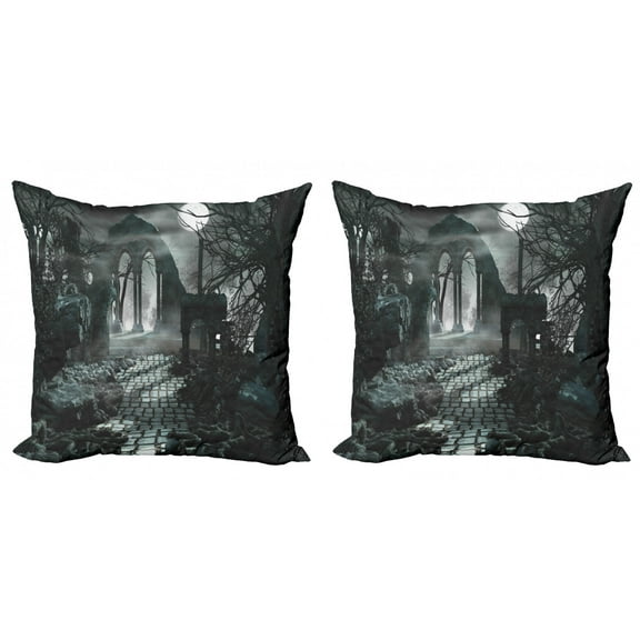 Ambesonne Gothic Throw Pillow Cover 2 Pack, Moon View in Scary Dark, 16", Blue Grey
