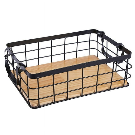 Double-Ear Rectangular Kitchen Storage Basket Handle Wrought Iron Solid Wood Bottom Fruit