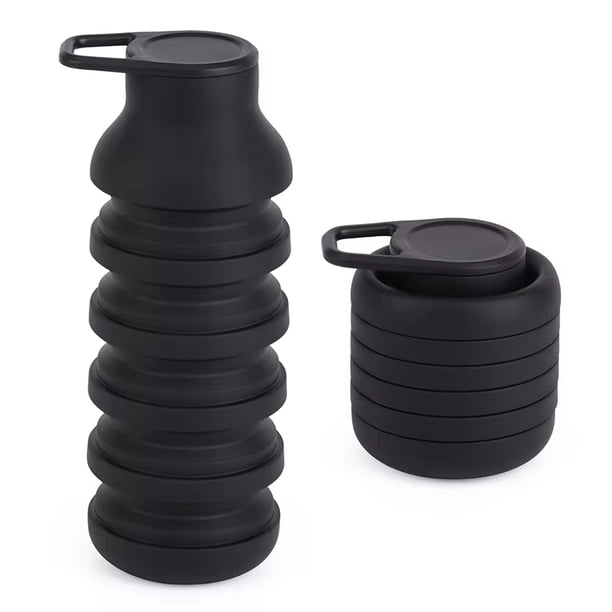 Botella Plegable de Silicona 600ml, Se Reduce a 8.5cm, con Mosquetón Metálico, 151g, Negra, para Senderismo y Camping