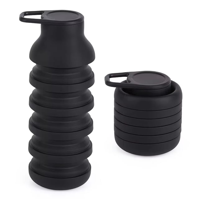 Botella Plegable de Silicona 600ml, Se Reduce a 8.5cm, con Mosquetón Metálico, 151g, Negra, para Senderismo y Camping