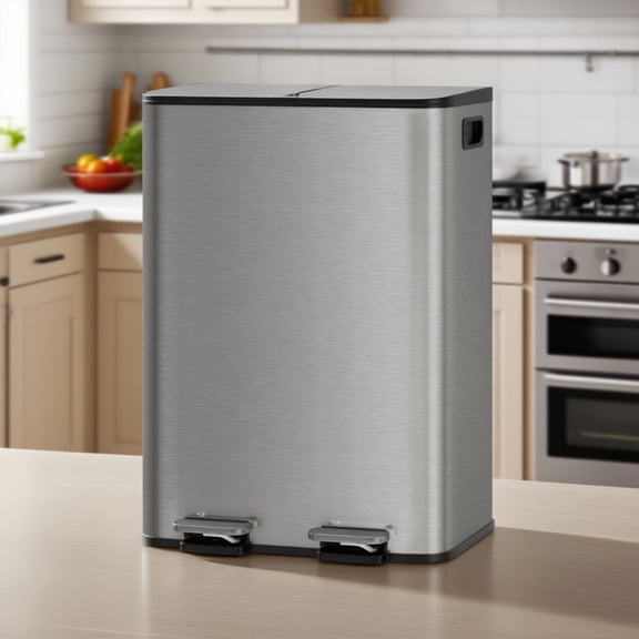 EuKer Metal Trash Can, 2 x 8 Gal Double Garbage Can with Removable Inner Bucket for Indoor/Outdoor, Gray