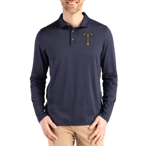 Men's Cutter & Buck  Navy Georgia Tech Yellow Jackets Vault Coastline Epic Comfort Long-Sleeve Polo