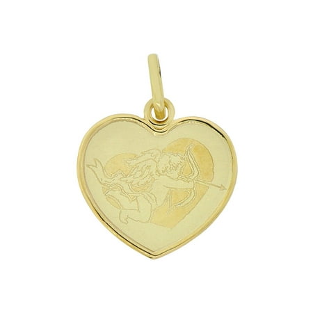 Yellow Gold Angel Charm - 14k Yellow Gold, Light Weight Cupid Angel Laser Engraved Heart Pendant Charm