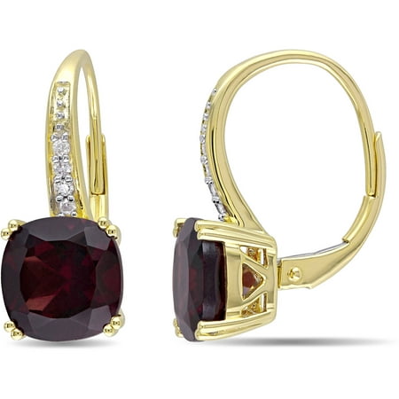 Tangelo 6-1/6 Carat T.G.W. Garnet and Diamond-Accent 10kt Yellow Gold Cushion Leverback Earrings