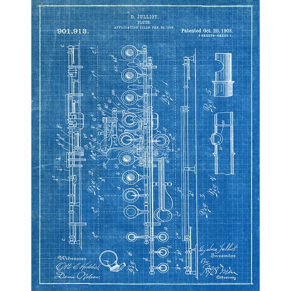 Original Flute Artwork Submitted In 1908 - Music - Patent Art Print