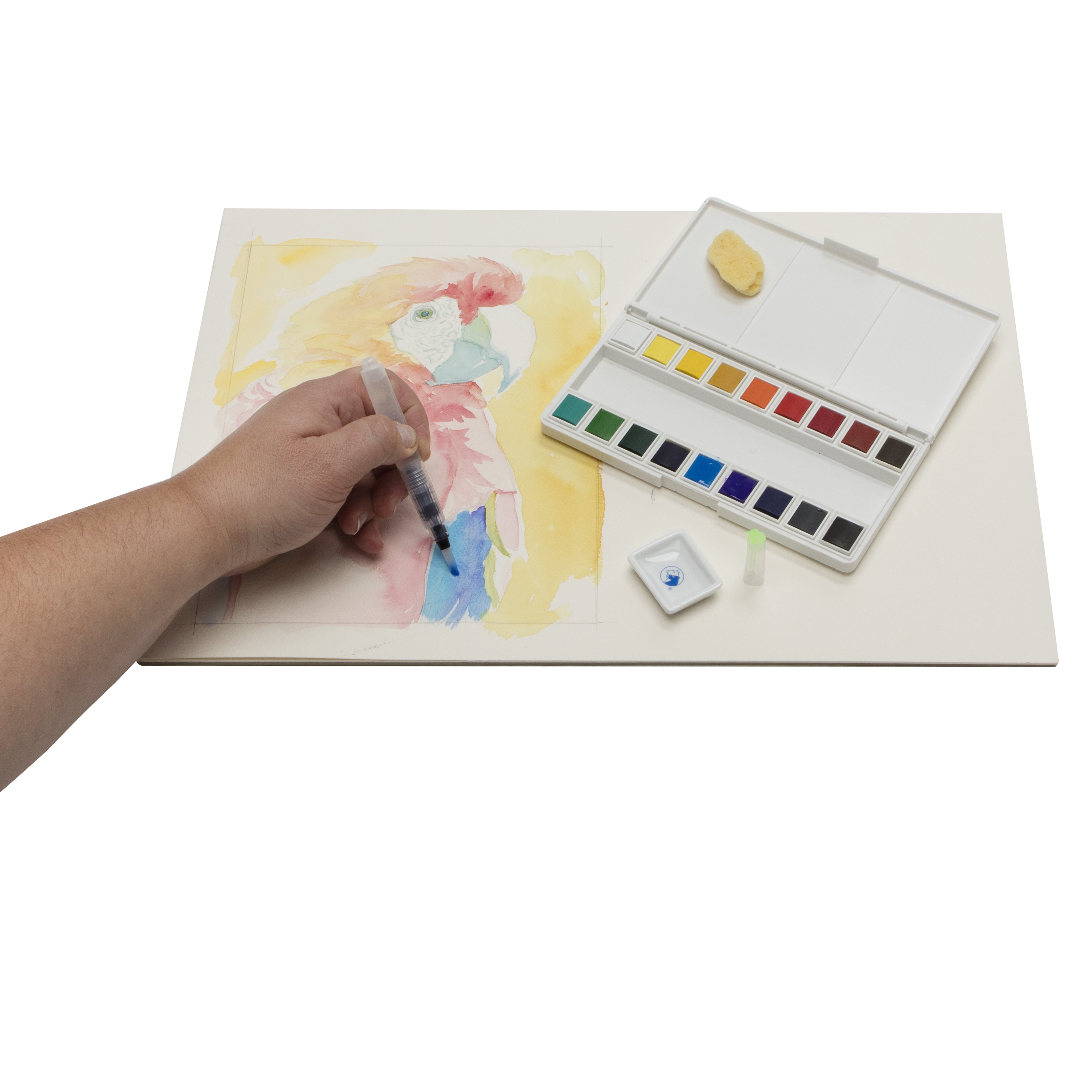 Marie's Artist Sketch & Go Watercolor Paint Set - Travel Friendly for Plein Aire or Studio - Includes a Palette Box with Mixing Area, Water Brush Pen, Natural Sponge - 18 Half Pans; Assorted Colors