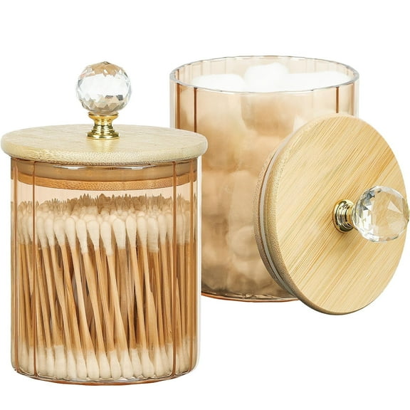 IWNTWY 2 Pack Qtip Holder, Glass Apothecary Jars with Bamboo Lid, Bathroom Storage Organizer for Cotton Balls, Swabs, Pads, Floss