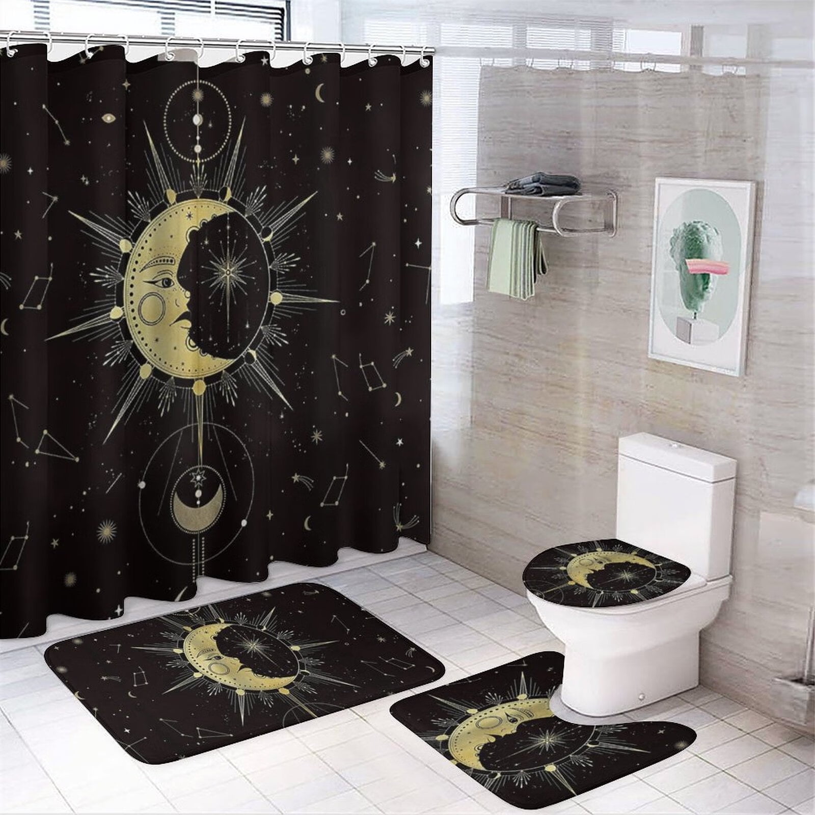 4pcs Moon Phase Shower Curtain Set Constellation Star Black Celestial With Non Slip Rug Toilet Lid Er And Bath Mat Com