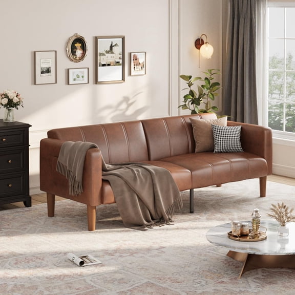 Danolapsi 75" Futon Sofa Bed Mid-Century Futon Couch,PU Leathe Convertible Sleeper Couch with Adjustable Backrest,Loveseat and Side Pockets,Comfy Love Seat Sleeper for Living Room & Bedroom