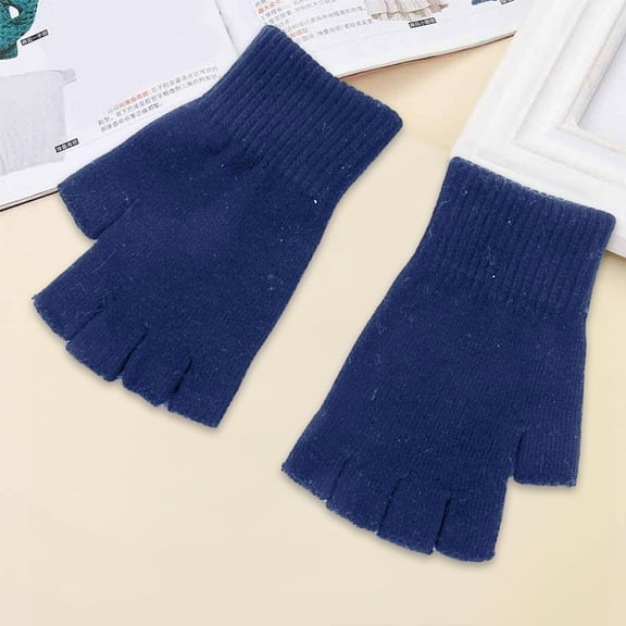 dianhelloya Black Half Finger Gloves Women Men Woolen Yarn Knitting Gloves Solid Color Elastic Warm Riding Sport Workout Mittens 1 Pair Navy Blue