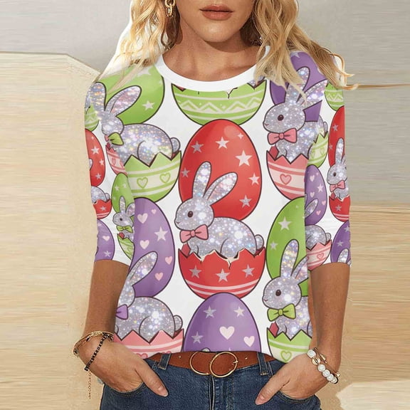 Royisotas Easter Shirts for Women Rabbit Bunny Eggs T Shirt Happy Easter Day Graphic Short Sleeve Tee Tops