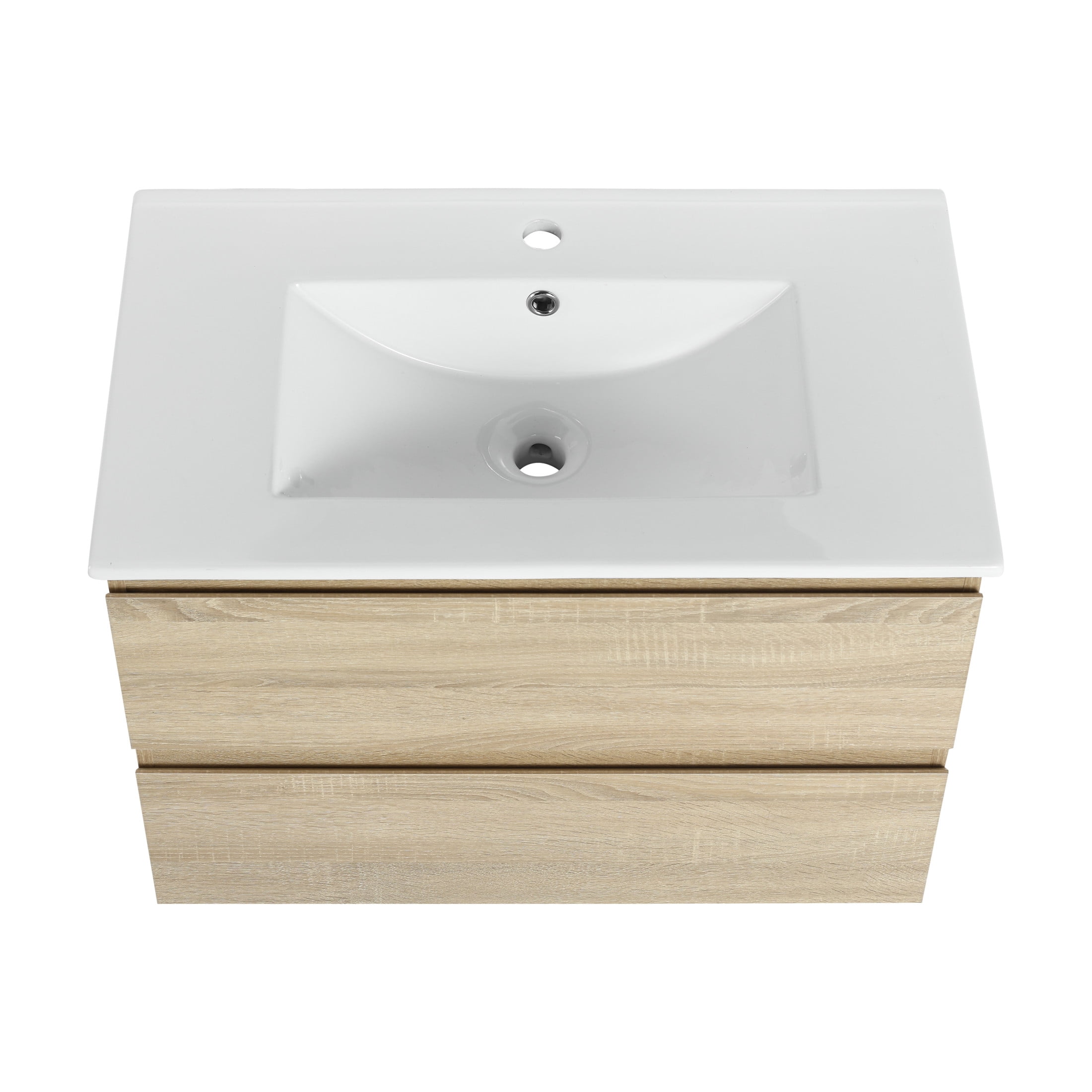 Noble House 30" Wall-Mounted Bathroom Vanity, Ceramic Sink, 2 Soft-Close Drawers, Wood Grain Finish, Light Oak