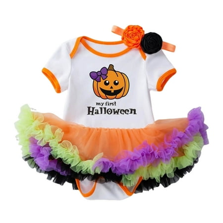 

QWZian Baby Girls Print Spring Autumn Pumpkin Short Sleeve Tulle Romper Bodysuit Headbands Clothes Sizes 12-24 Months