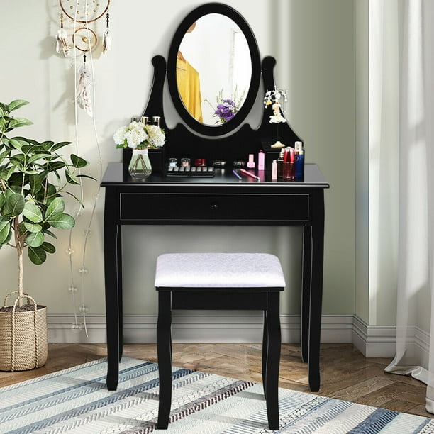 Gymax Bedroom Wooden Mirrored Makeup Vanity Set Stool Table Set Walmart Com Walmart Com