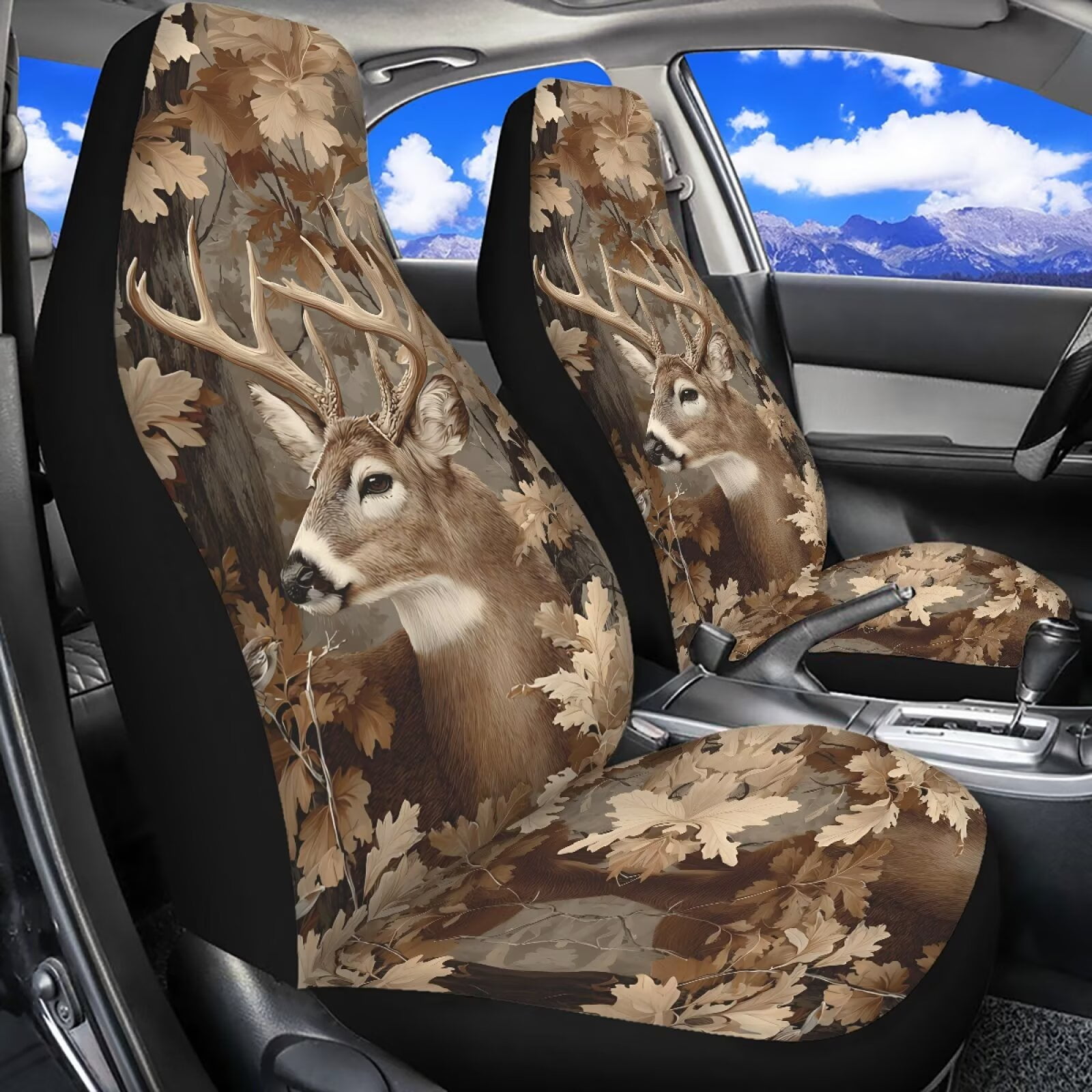 Binienty Deer Hunting Camo Car Seat Covers Full Set 2 Pack Elastic Cloth Vehicle Seat Protectors Washable Anti-Scratch Breathable Bucket Cushions Fit for Most Cars SUV Truck Van