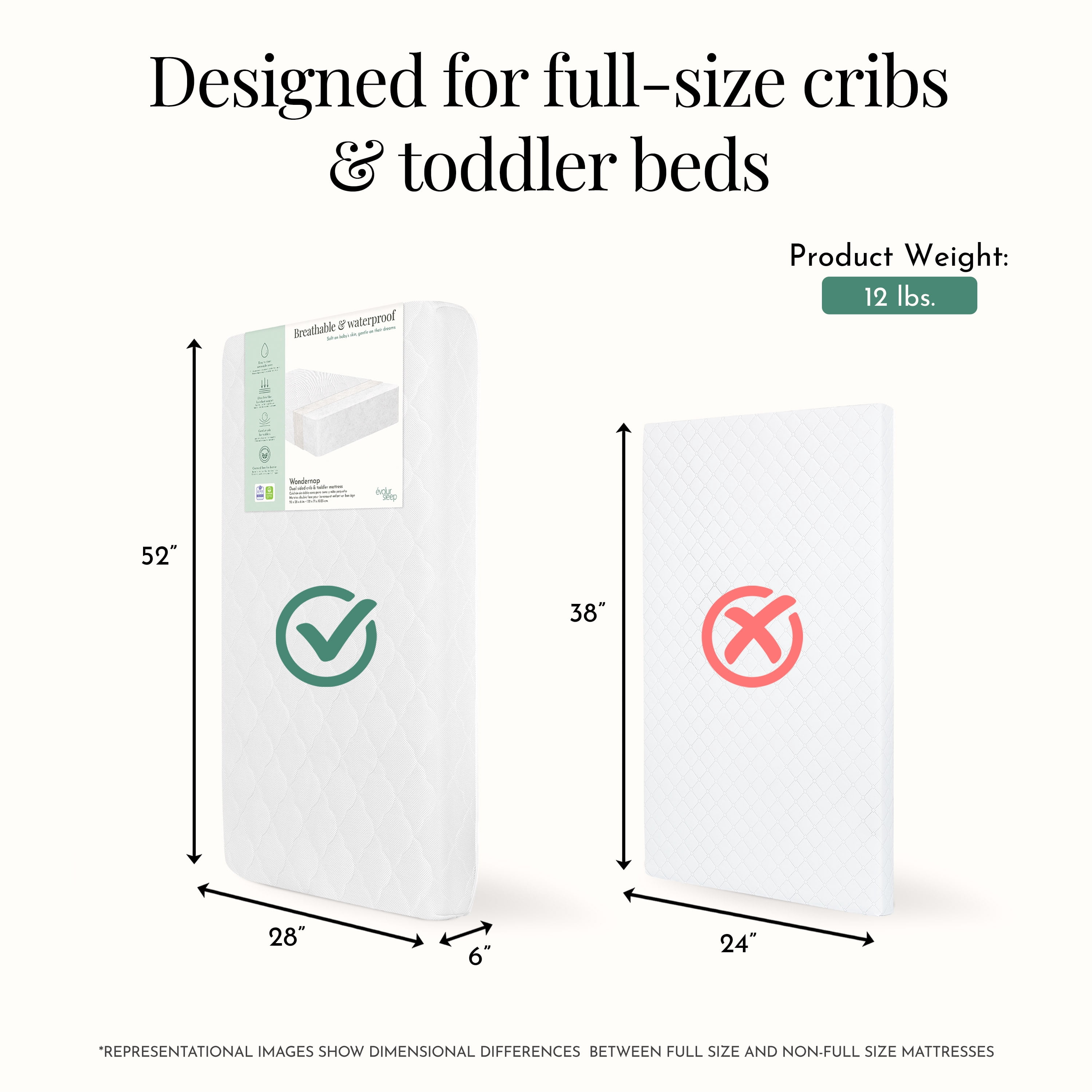 Evolur Wondernap 2 in 1 Full-size Crib Mattress, White