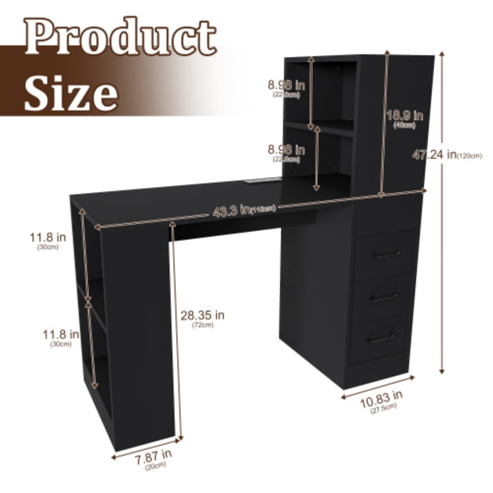 Computer Desk with 4-in-1 Charging Station, 3 Drawers & 4-Tier Storage, Modern Wooden Writing Desk for Home Office, Study & Gaming, Black