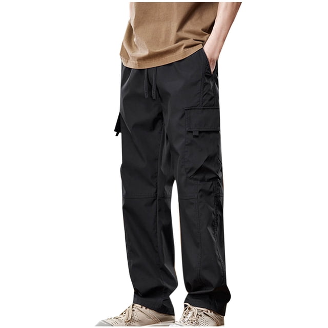 Men's Drawstring Waist Cargo Pants, Loose Straight Leg Work Trousers with Multi-Pockets - Lightweight Polyester Casual Wide Leg Pants for Outdoor Daily Wear