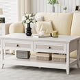 thumbnail image 5 of CozyHome 44" Rattan Farmhouse Coffee Table, Boho 2 Tier Tea Table with 2 Drawers, Accent Center Sofa Table for Living Room, Hallway, Grayish White, 5 of 7