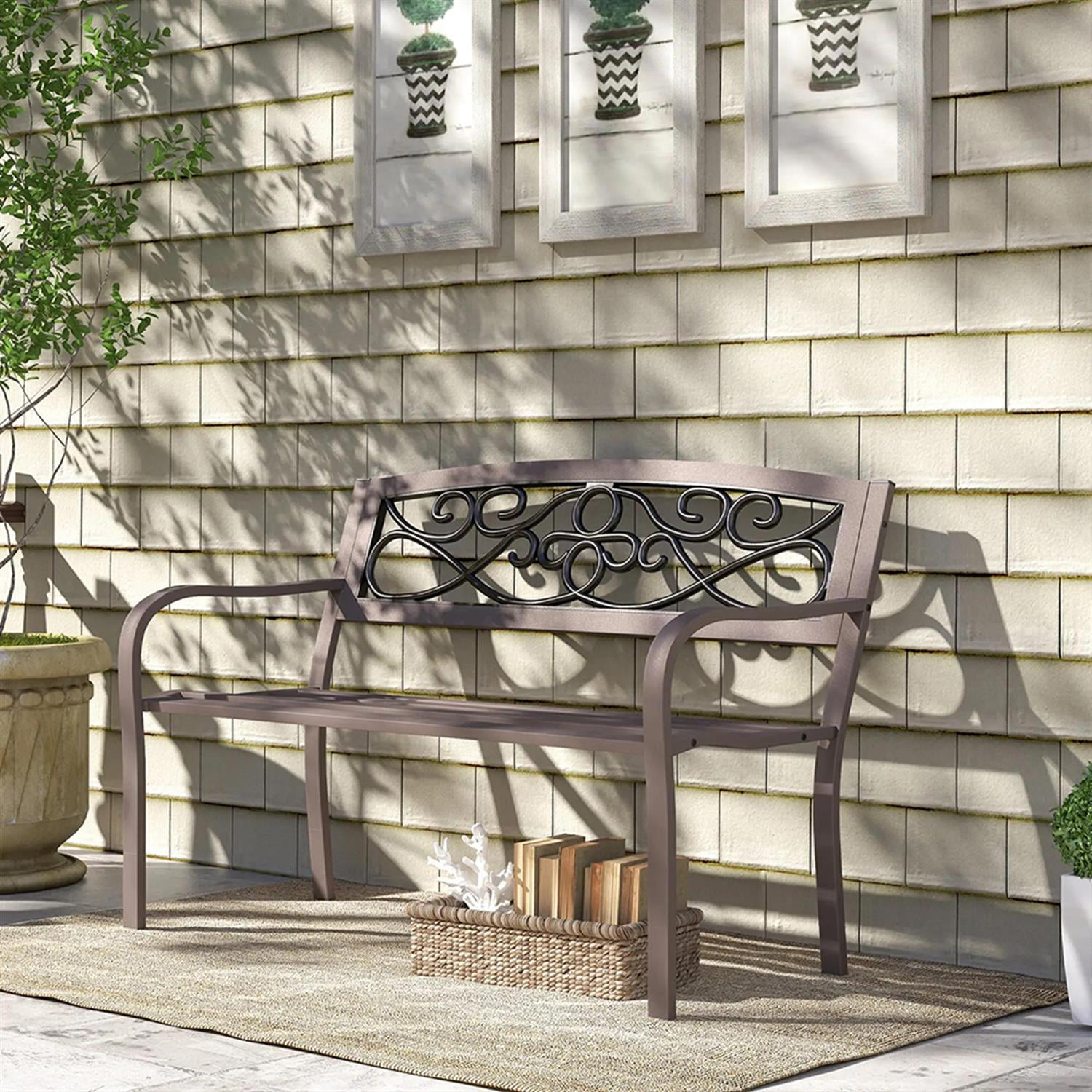 Demi Bonn Patio Garden Bench Metal Park Bench, Outdoor Benches Furniture with Floral Pattern Backrest & Slatted Seat for Patio, Park, Lawn, Yard, Brown