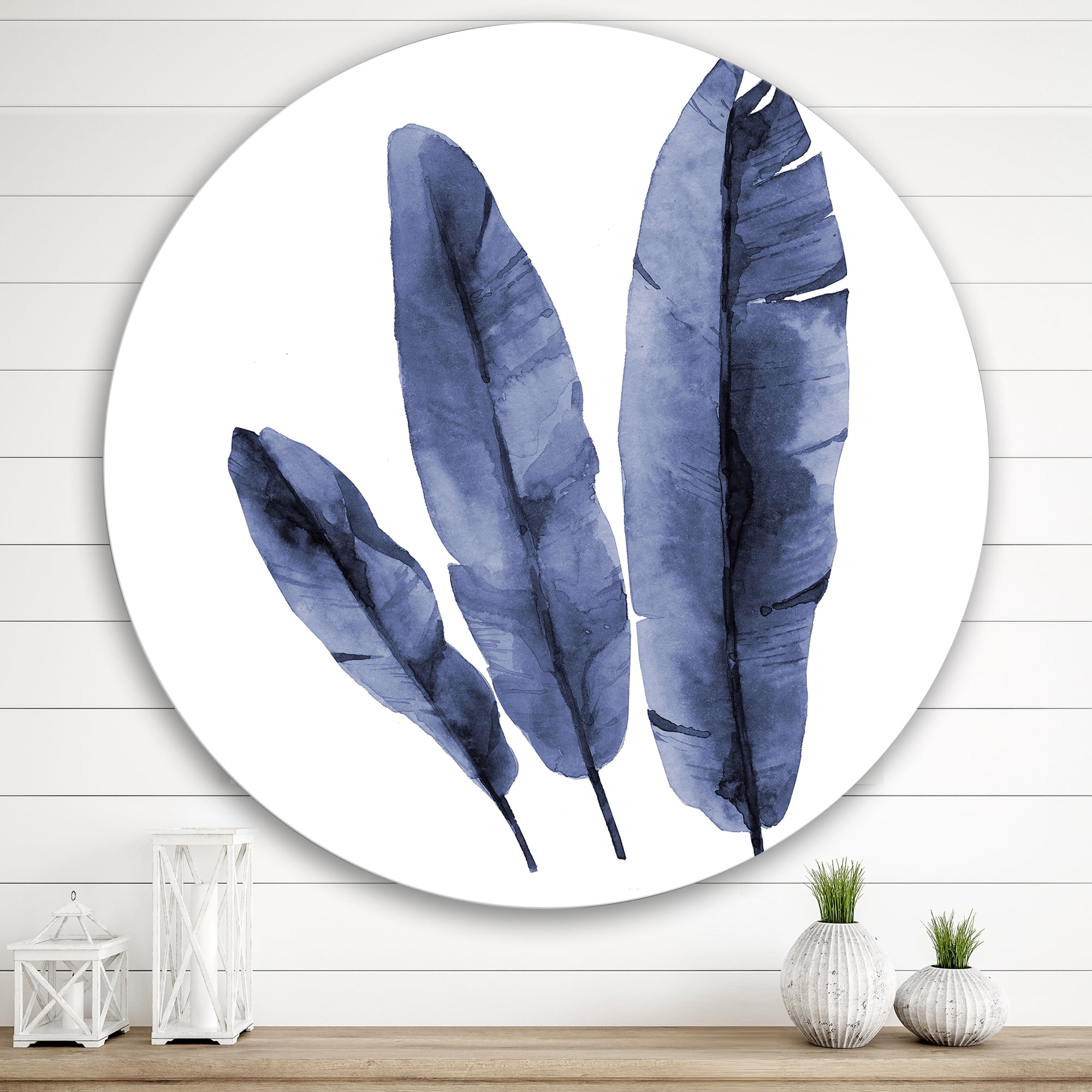 Designart 'Navy Blue Tropical Banana Leaves On White' Tropical Circle Metal Wall Art 29x29 - Disc of 29