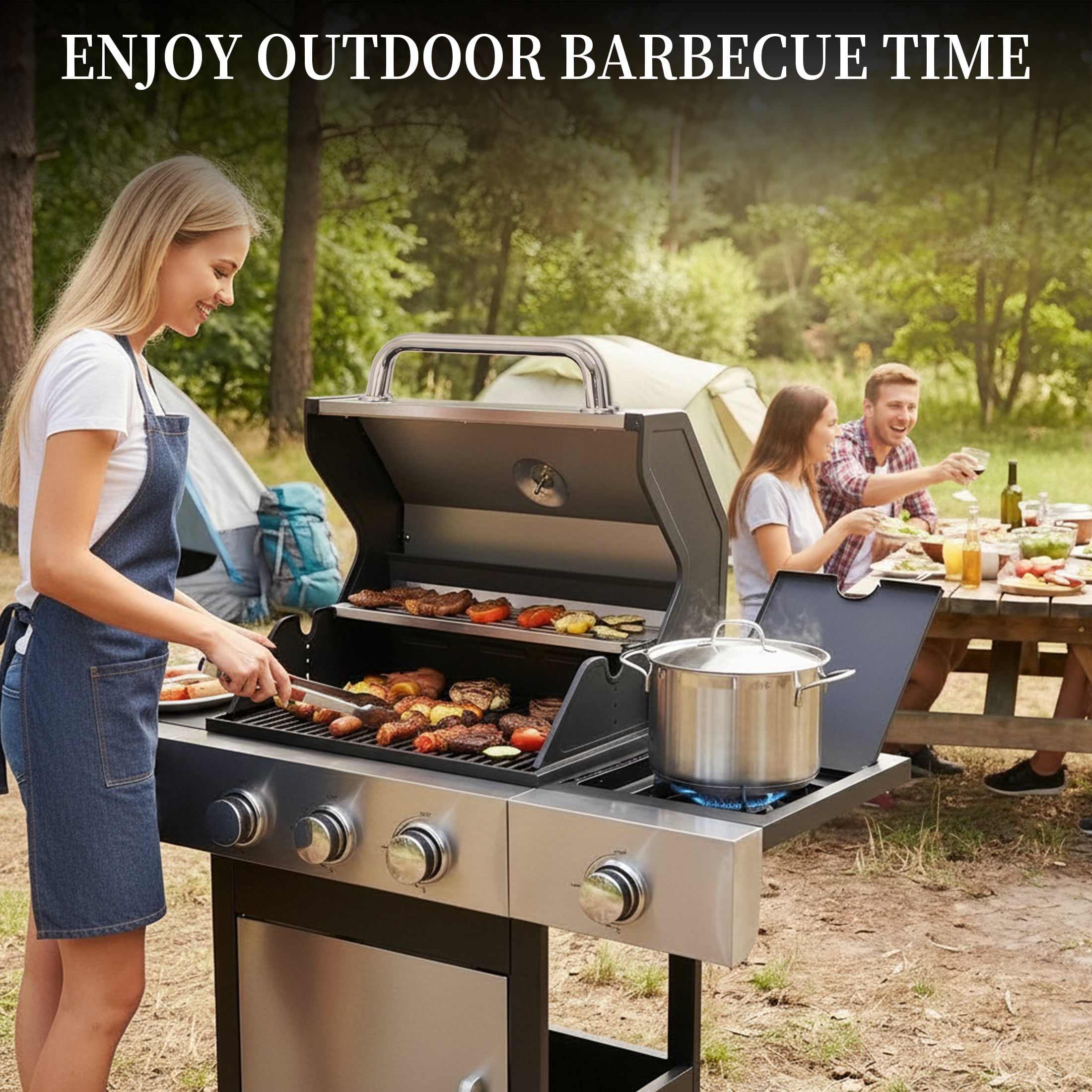 CIG GARDEN 3-Burner Propane Gas Grill with Side Burner,41,500 BTU Output Double-Layer Stainless Steel BBQ Lid with Cast Iron Grates