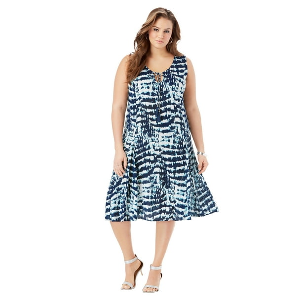 Roaman's - Roaman's Women's Plus Size A-Line Crinkle Dress With Tassel ...