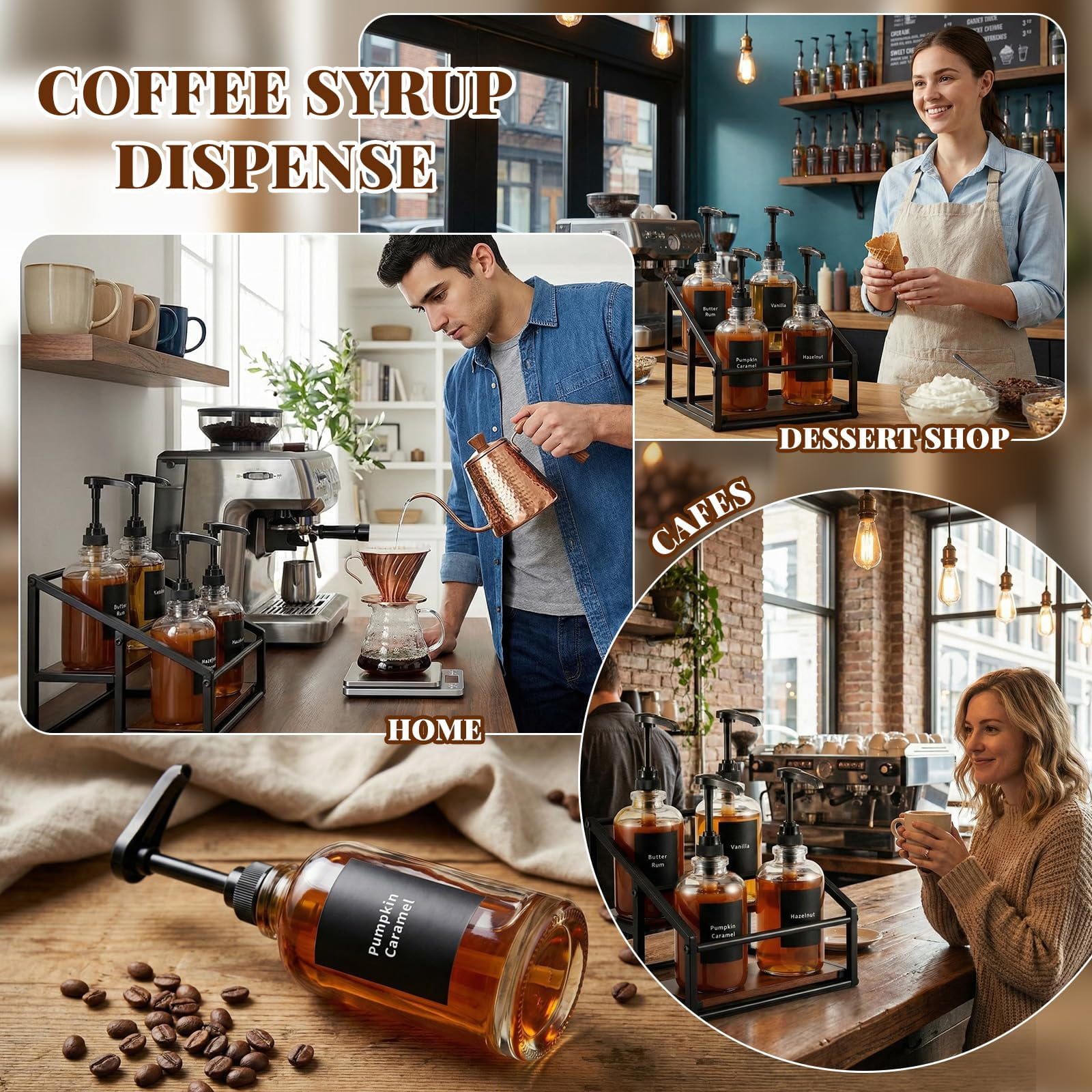 Coffee Bar Accessories  4 Pack 16.9oz/500ml Syrup Dispenser With 1/4oz Pump 2-tier Rack Organizer Labels Straw Brushes Funnels For Kitchen Countertop Wine Dressing Storage