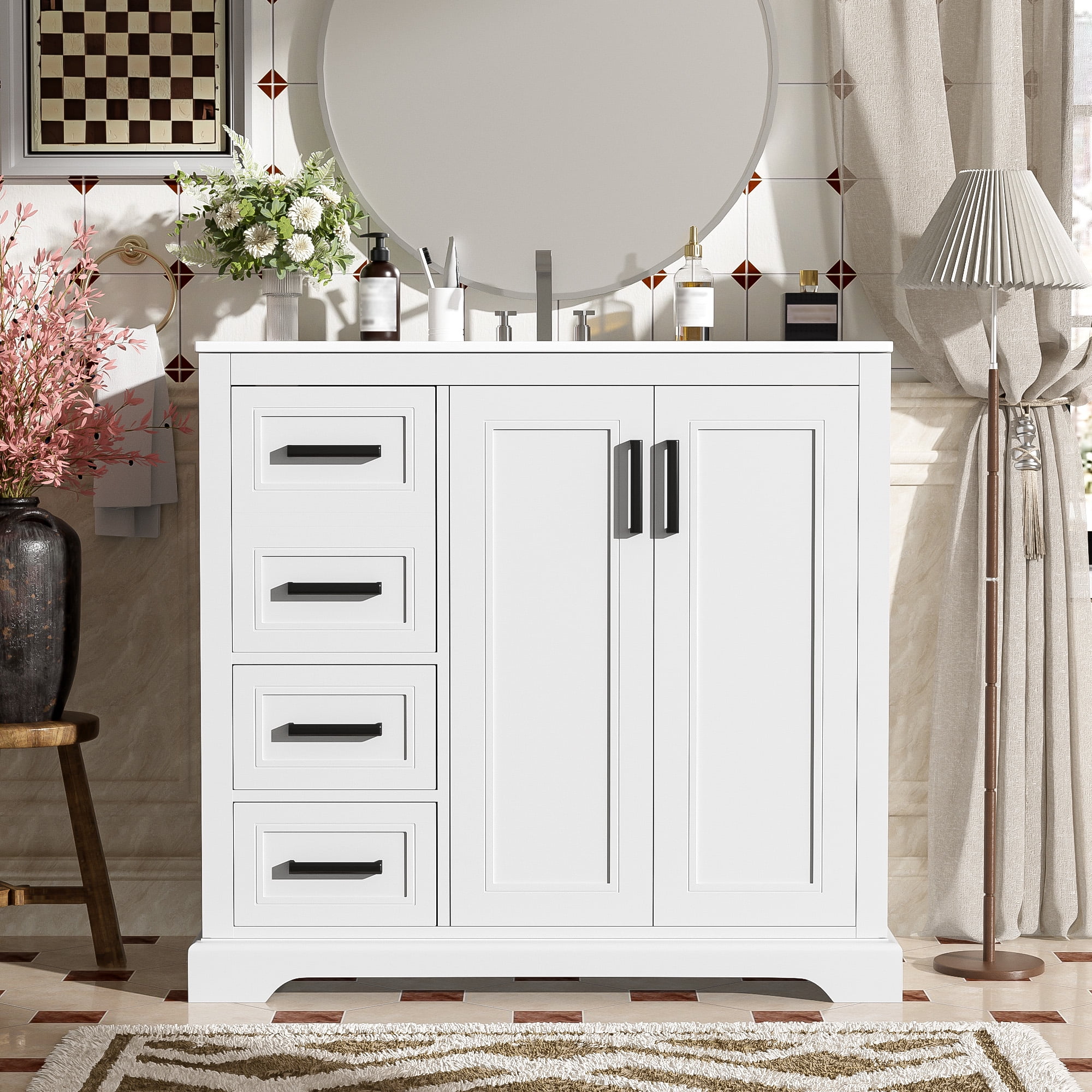 Euroco 36" Modern Bathroom Vanity with Premium Ceramic Sink, Soft-Close Doors, Zinc Alloy Handles, and Ample Storage for Organized Living