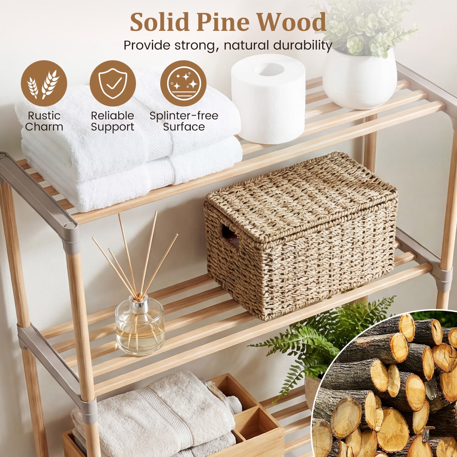 Gymax Over The Toilet Storage Rack 3-Tier Pine Wood Bathroom Organizer w/ Open Shelves