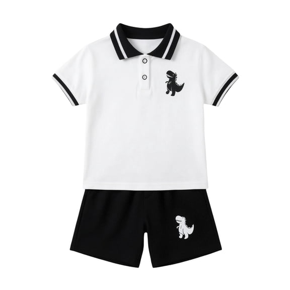 Ulitacool Boy's Outfits Summer Round Neck Short Sleeve Cartoon Dinosaur Prints Tops Pants Elegant Toddler Wear 3-4 Years White