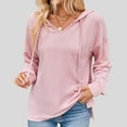 thumbnail image 3 of TKLPEHG Womens Tops Long Sleeve V Neck Drawstring Hooded Knitted Hooded Sweatshirt Fashion Casual Lightweight Classic Solid Color Loose Blouse (Pink,S), 3 of 6