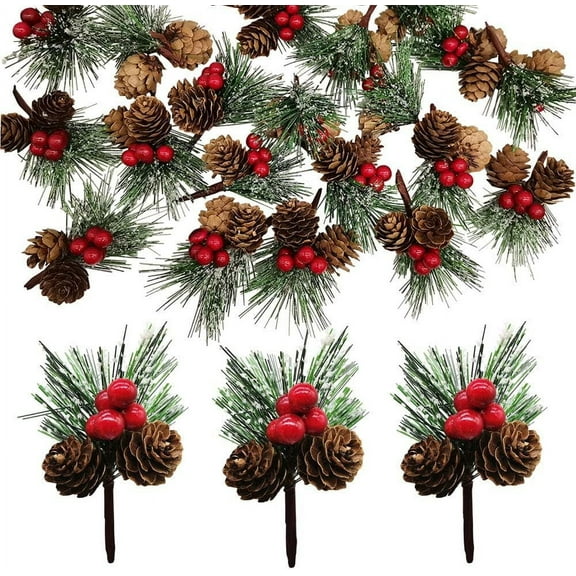 20 Pcs Snow Covered Pine Needles Branches with Red Berry Stems Mini Pinecone Picks for Crafts Holiday Wreath Christmas Tree Ornaments Decor