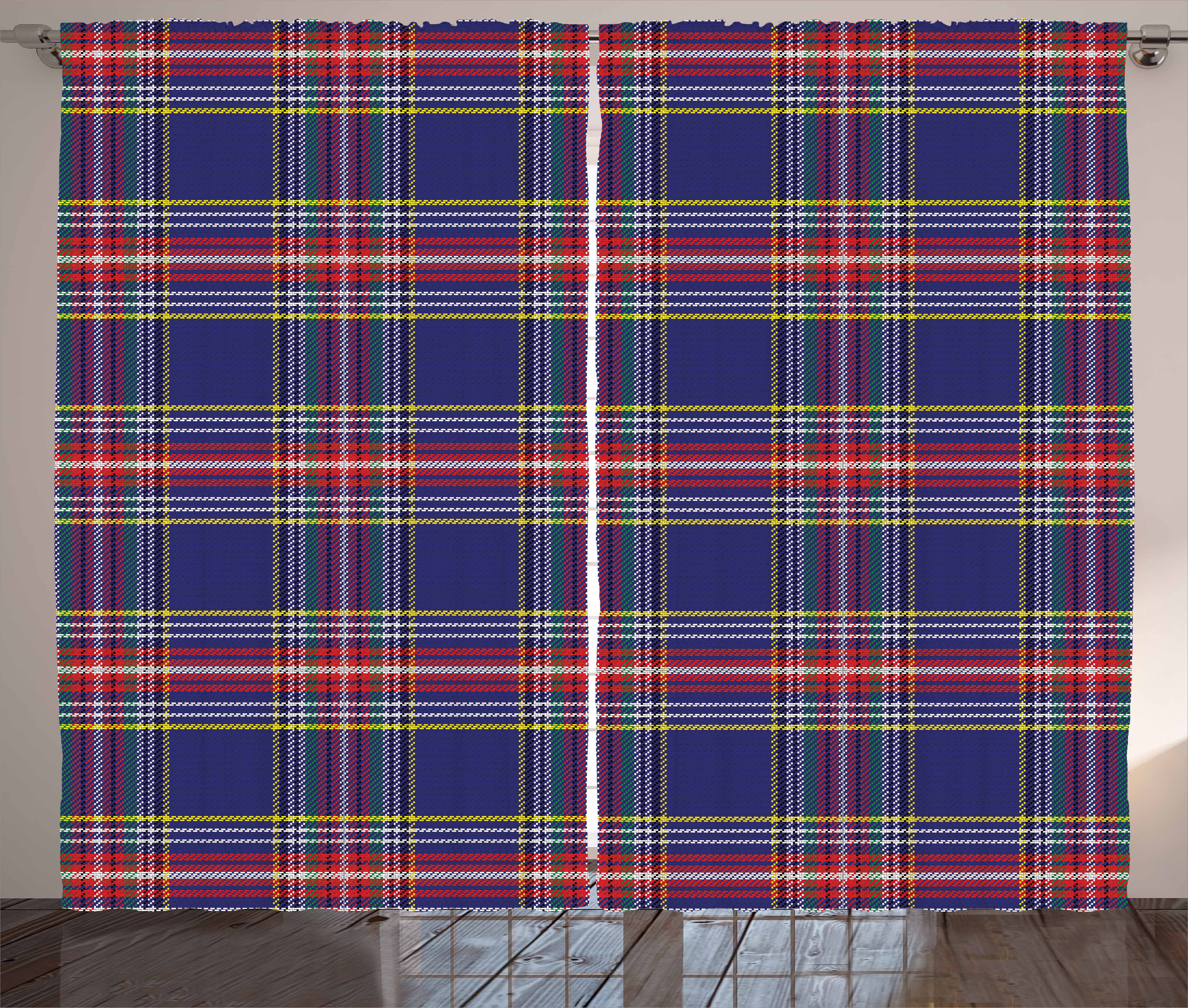 Red Plaid Curtains 2 Panels Set, Ancestral Scottish Tartan Squares