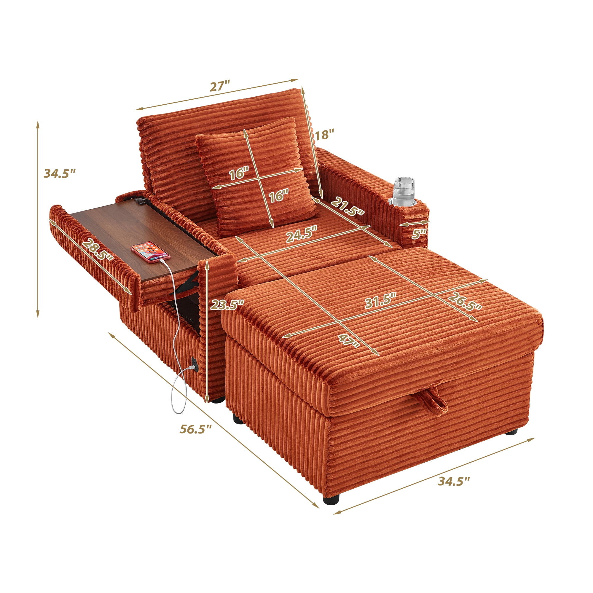 34.5" Soft Chaise Lounge Accent Chair Set with Ottoman, Table Board and Cup Holder
