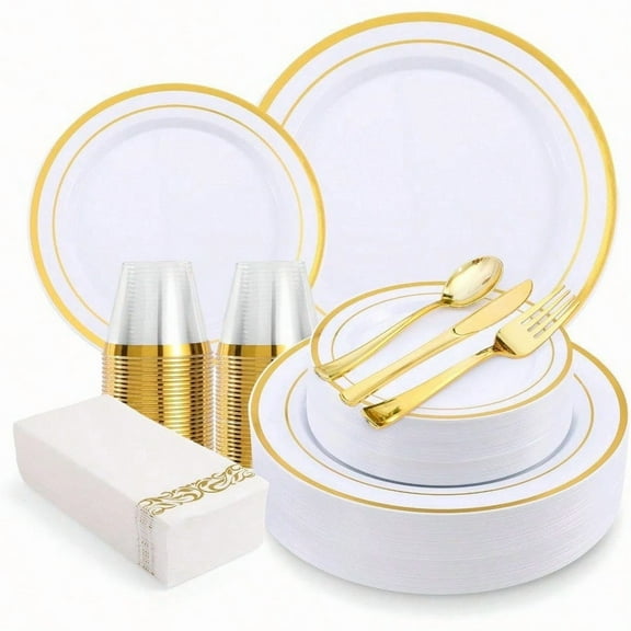 350-Piece Gold Rim Plastic Dinnerware Set for 50 Guests Elegant Disposable Dinnerware for Party Wedding. Includes Dinner Plates Dert Plates Gold Sierware Napkins Cups