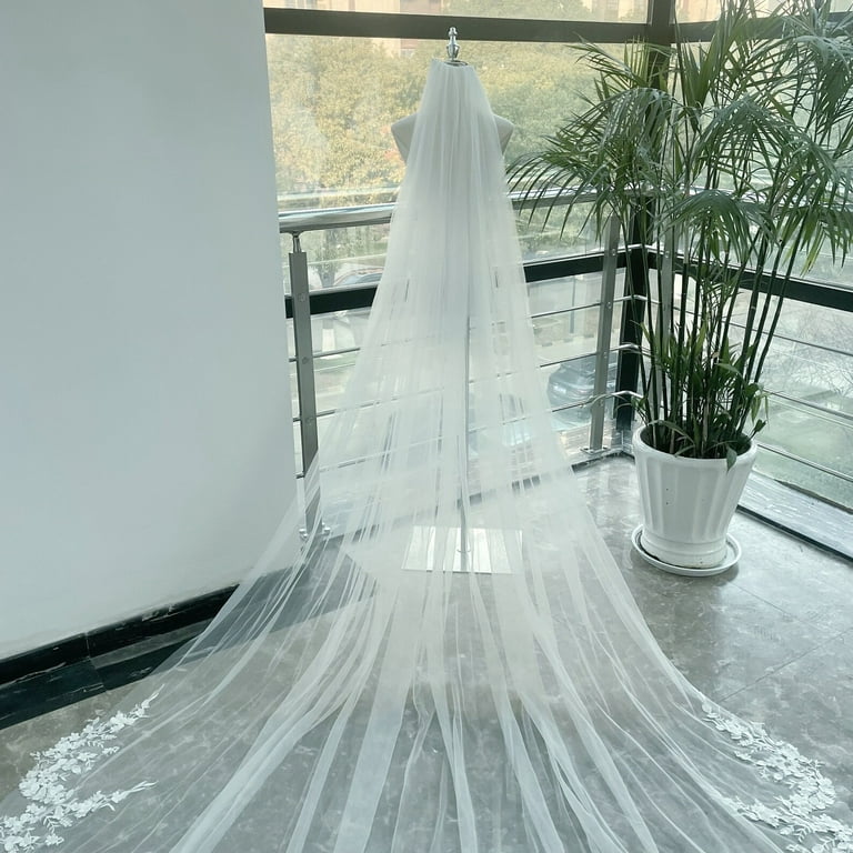 Stunning 3D Flower Lace Wedding Veil with Pearls Cathedral Veil with Comb  Soft Tulle Ivory Veil Floral Pearl Veil One Tier Veil Custom Veil 