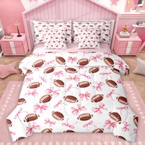 Homewish Girls Football Sport 7-Piece Twin Bedding Sets,Kawaii Bowtie Ribbon Bedding Comforter Set,Pink Brown White Sheet Sets For Girl Kids,Luxury Bedroom Decor Reversible