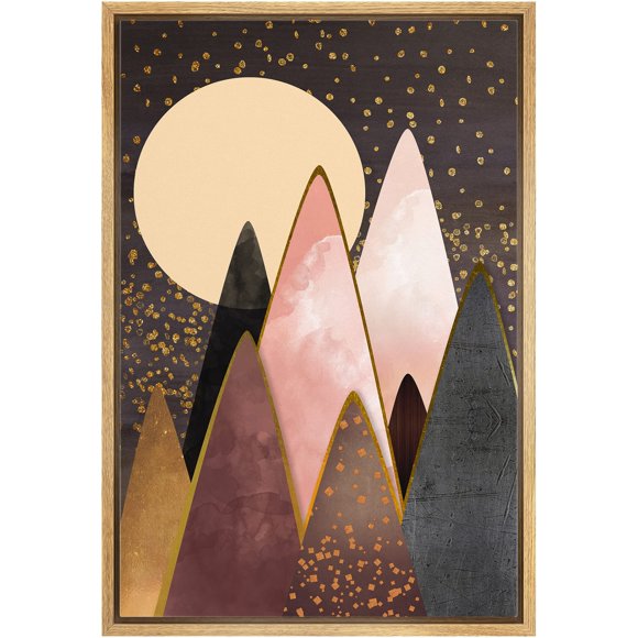IDEA4WALL Framed Canvas Print Wall Art Pale Moon Over Textured Watercolor Mountains Abstract Wilderness Illustrations Modern Art Rustic Multicolor for Living Room, Bedroom, Office - 16"x24" Natural