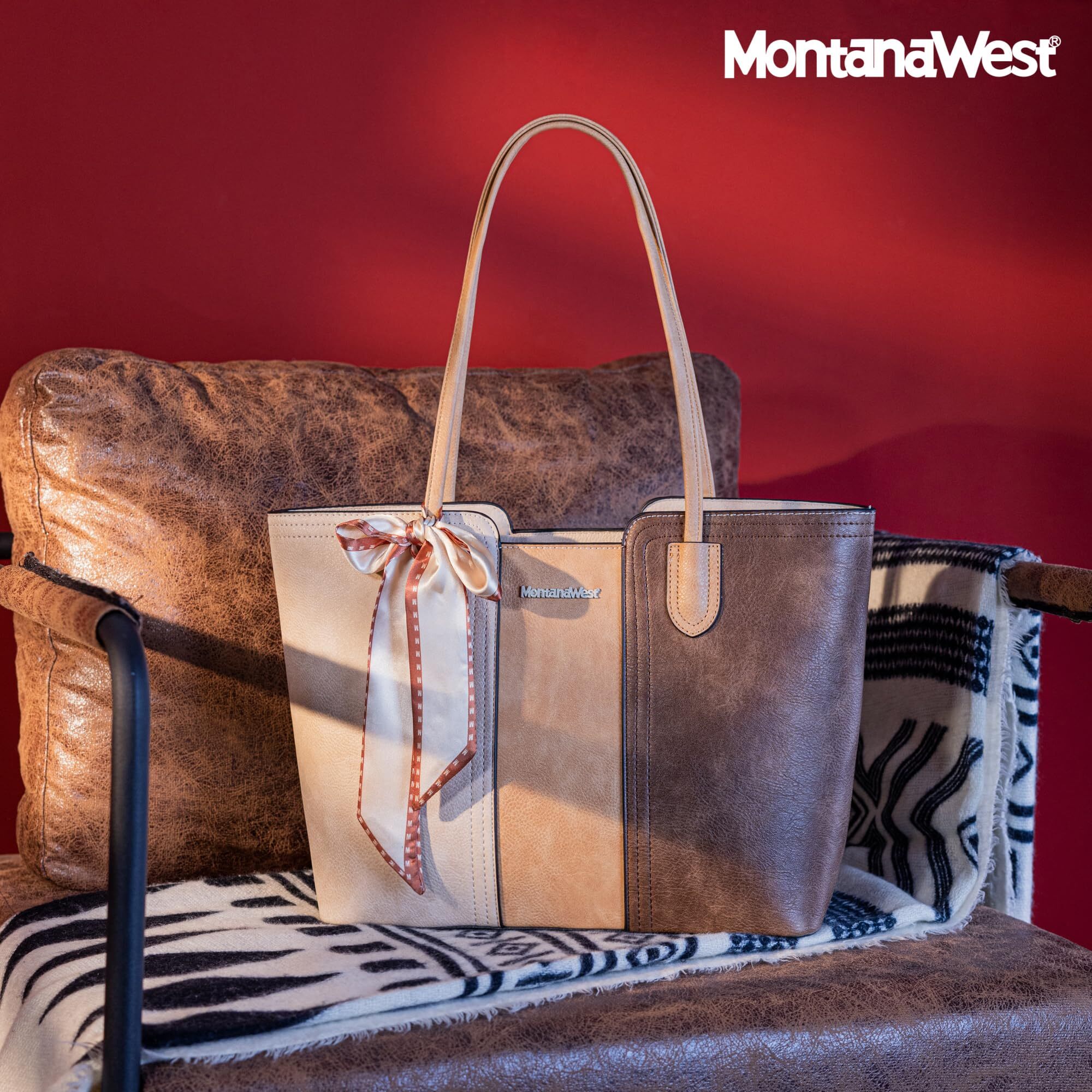 Montana West Tote Bag for Women with Scarf, Beige photo 5