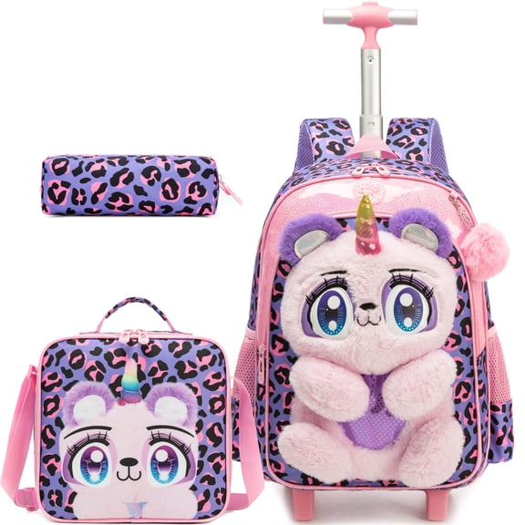Kids Cute Rolling Backpacks for School Girls Roller Backpack with Wheels Bookbag with Lunch Box for Ages 6-12