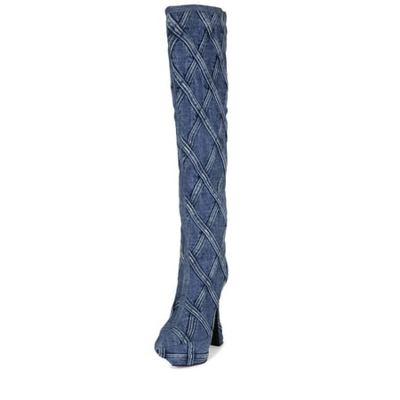 

Jeffrey Campbell Cute-Jeans Blue Denim Combo Spool Heel Pointed Toe Boots (Blue Denim Combo 9)